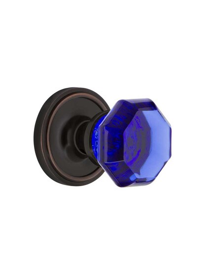 Classic Rosette Door Set with Colored Waldorf Crystal Glass Knobs Cobalt Blue in Timeless Bronze.